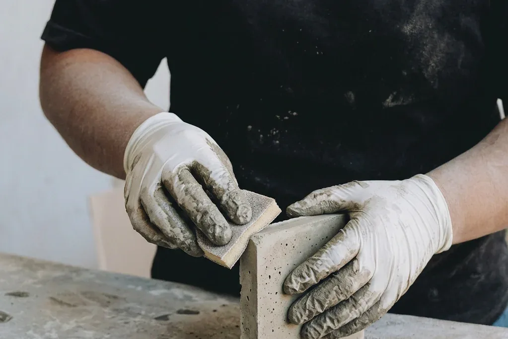 Manos con guantes lijando el borde de una pieza de concreto.