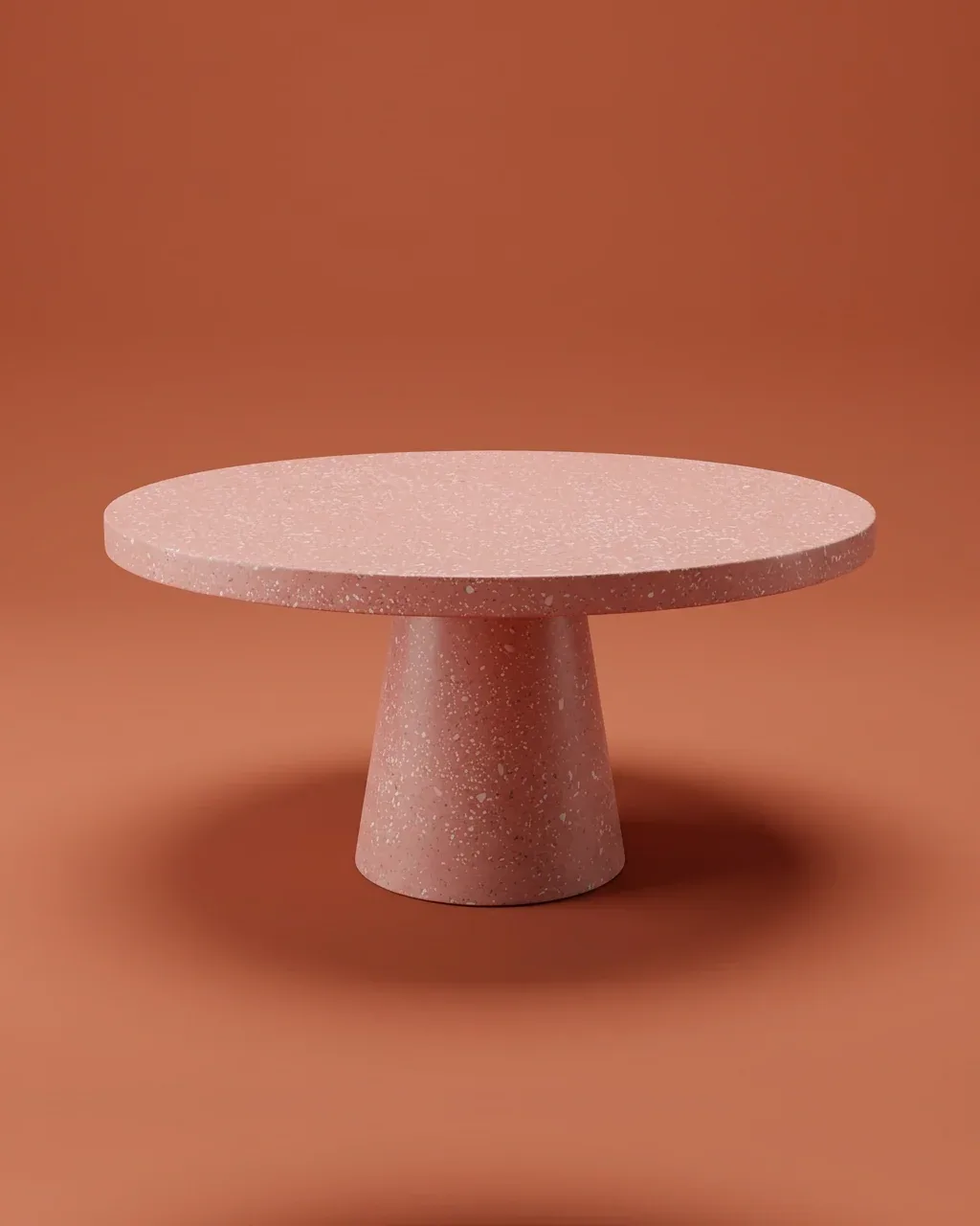 Mesa redonda de pedestal en terrazo rosa con agregados claros sobre fondo terracota.