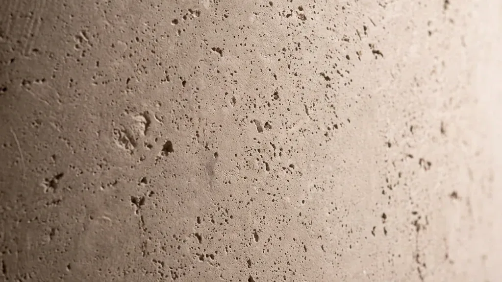 Macro de concreto gris claro con poros pequeños y variación natural de tono.