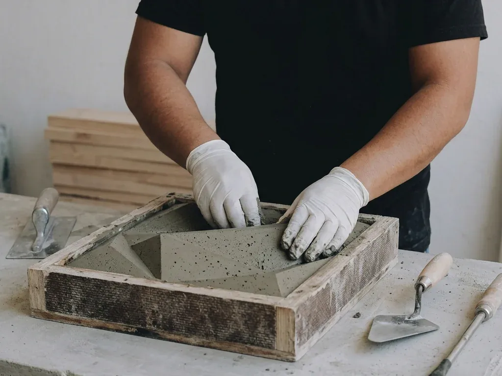 Manos con guantes trabajando una pieza de concreto en un molde.