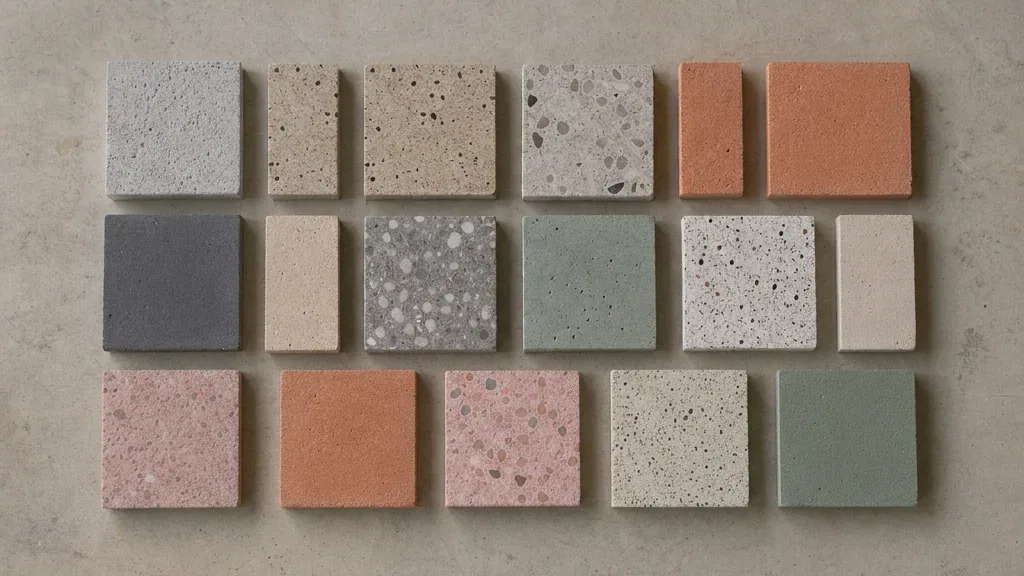 Muestras cuadradas de concreto y terrazo en distintos tonos sobre una mesa, sin etiquetas.